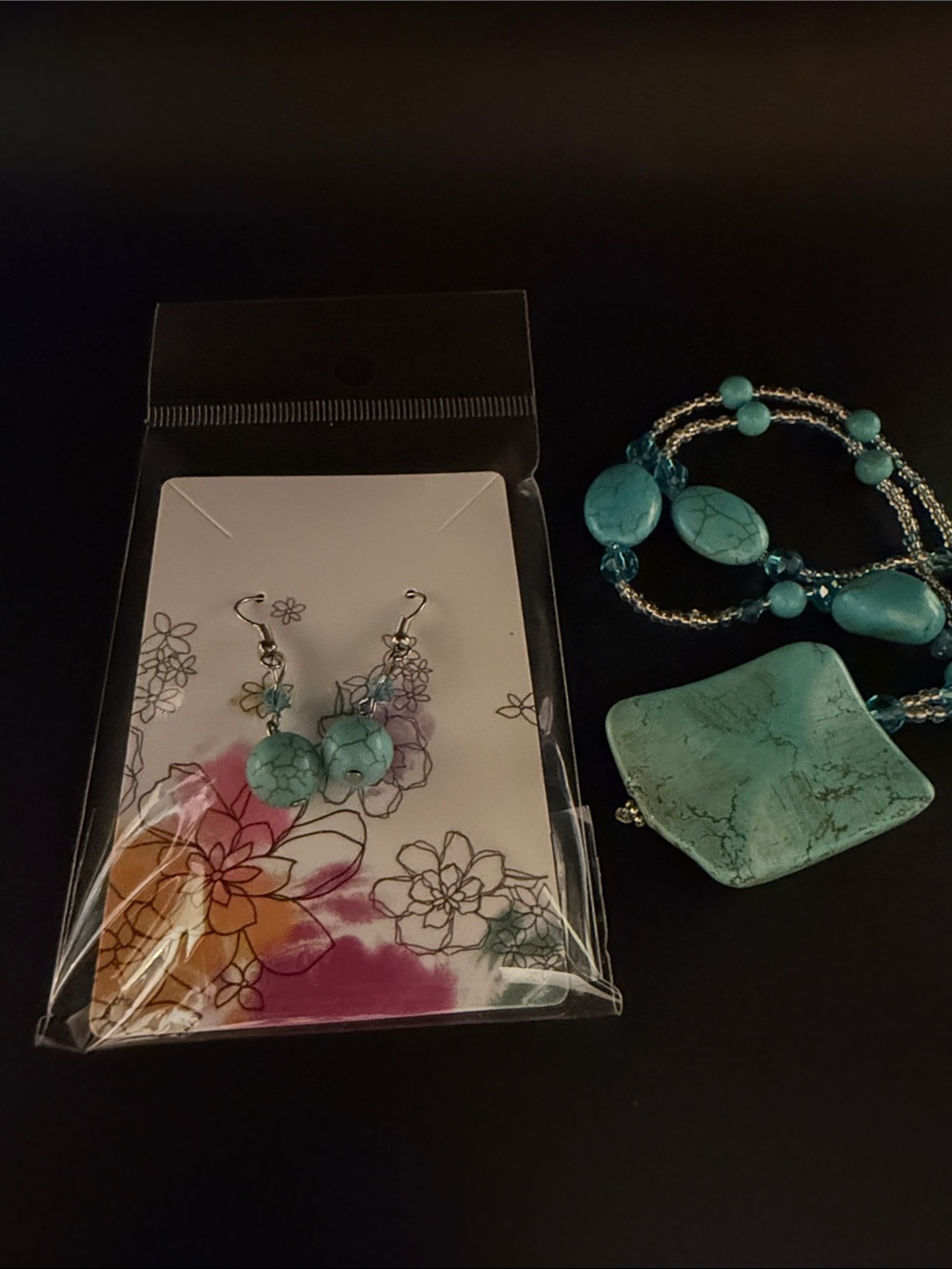 2-piece Set - Turquoise Stone Pendant Necklace + Earrings - Picture 5 of 5